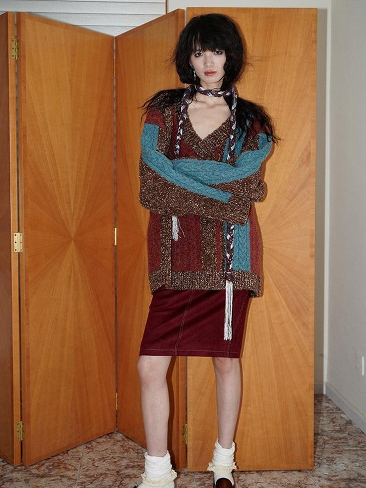 Wine Red Leopard Retro Split Short Slim Women's Suede Pencil Skirts