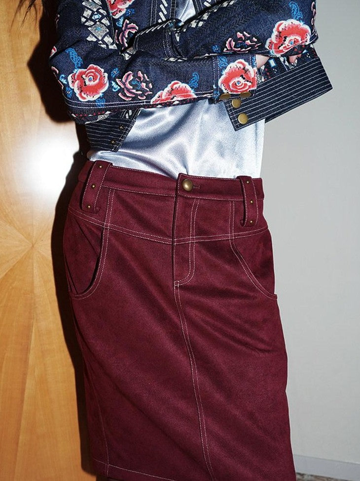 Wine Red Leopard Retro Split Short Slim Women's Suede Pencil Skirts