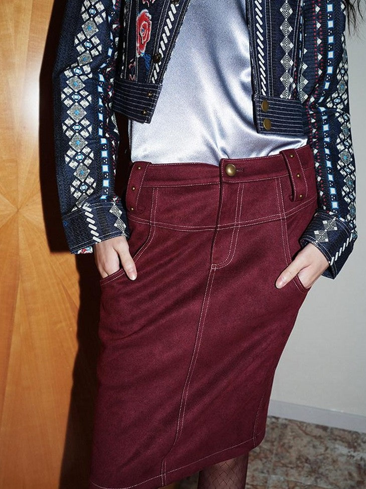 Wine Red Leopard Retro Split Short Slim Women's Suede Pencil Skirts