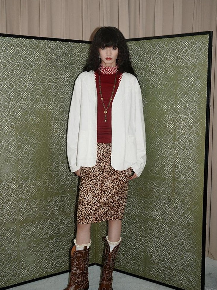 Wine Red Leopard Retro Split Short Slim Women's Suede Pencil Skirts