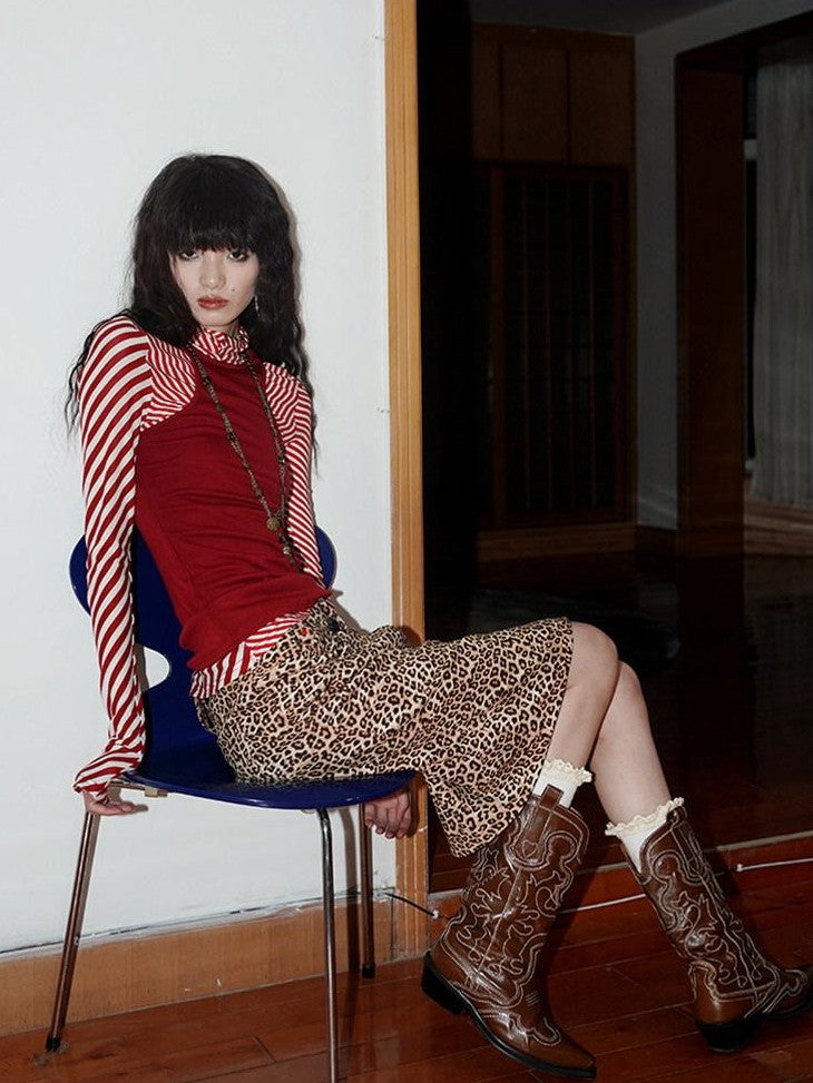 Wine Red Leopard Retro Split Short Slim Women's Suede Pencil Skirts