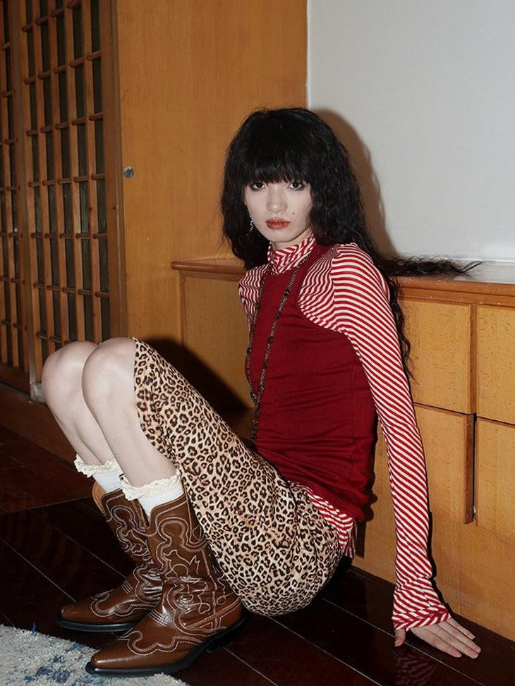 Wine Red Leopard Retro Split Short Slim Women's Suede Pencil Skirts
