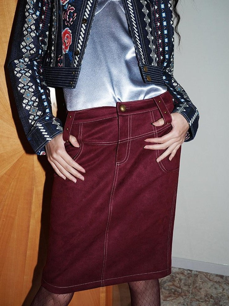 Wine Red Leopard Retro Split Short Slim Women's Suede Pencil Skirts