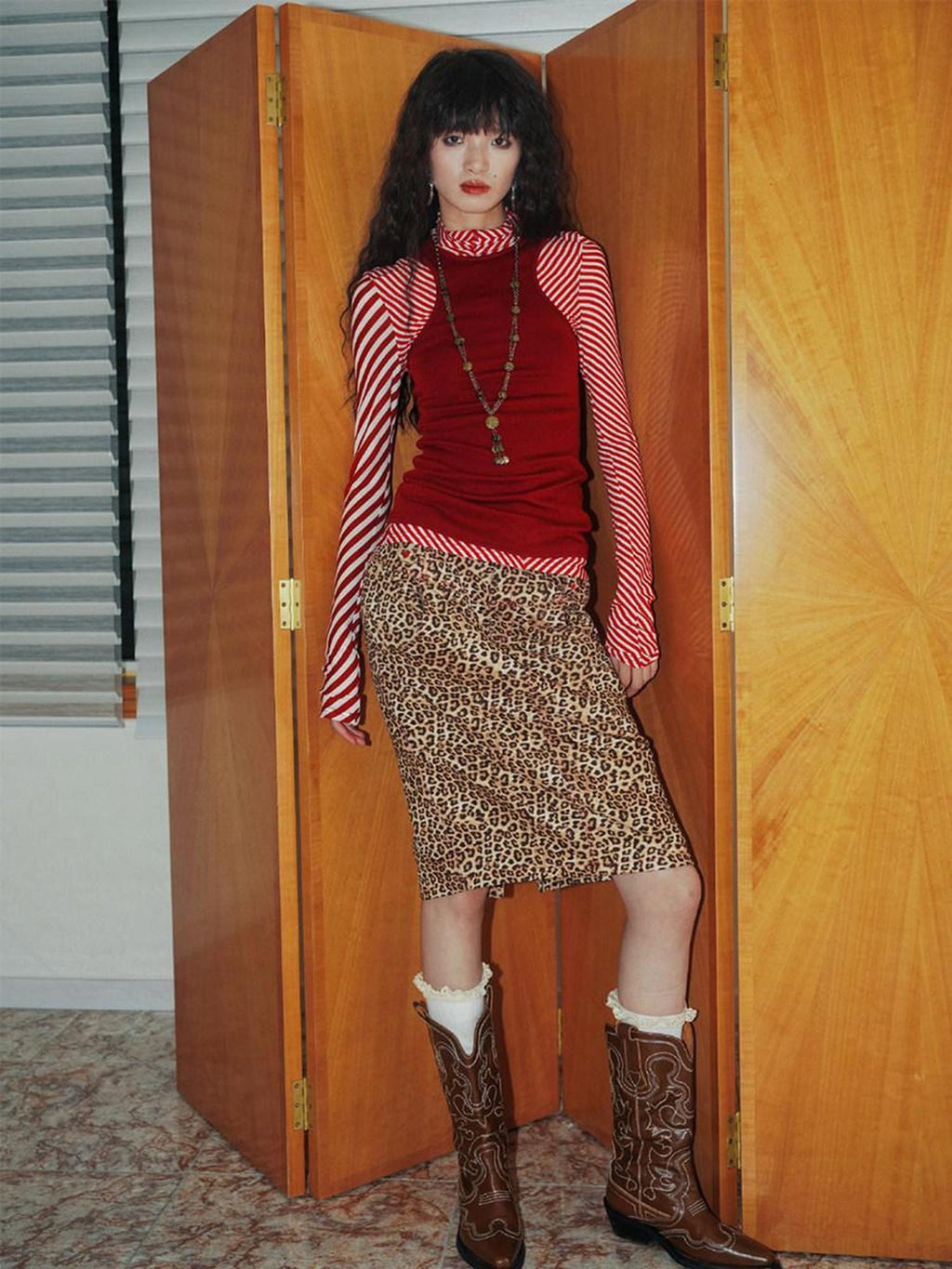 Wine Red Leopard Retro Split Short Slim Women's Suede Pencil Skirts