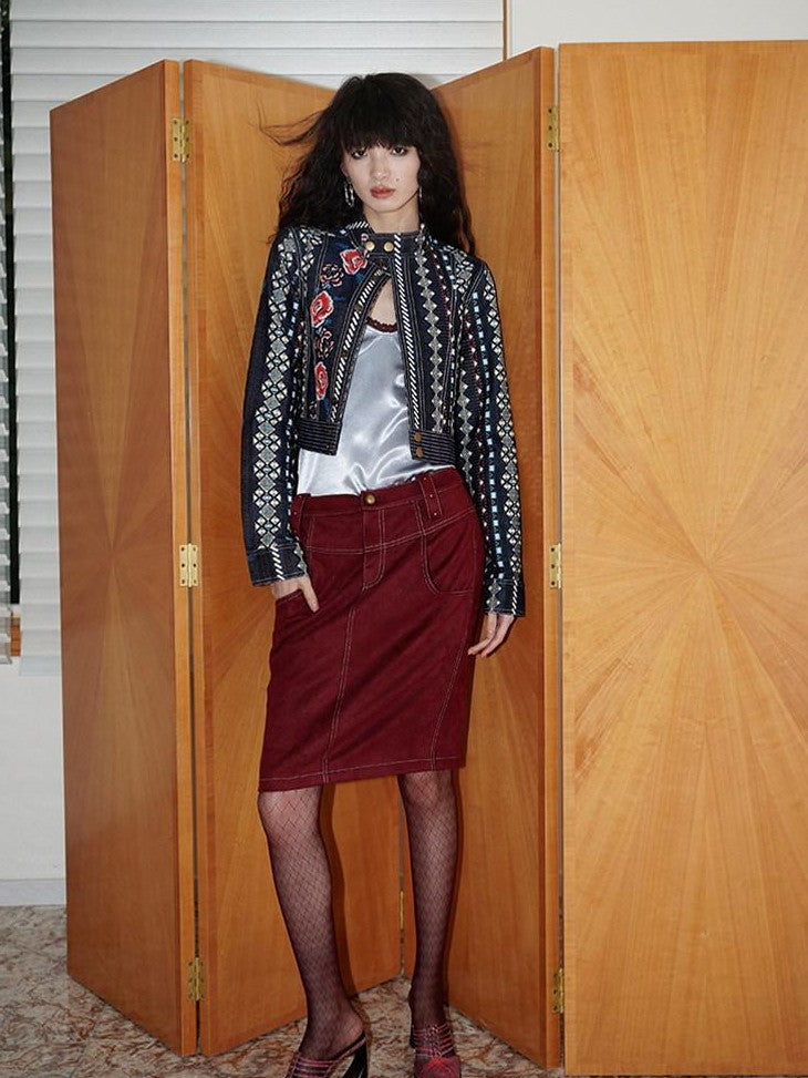Wine Red Leopard Retro Split Short Slim Women's Suede Pencil Skirts