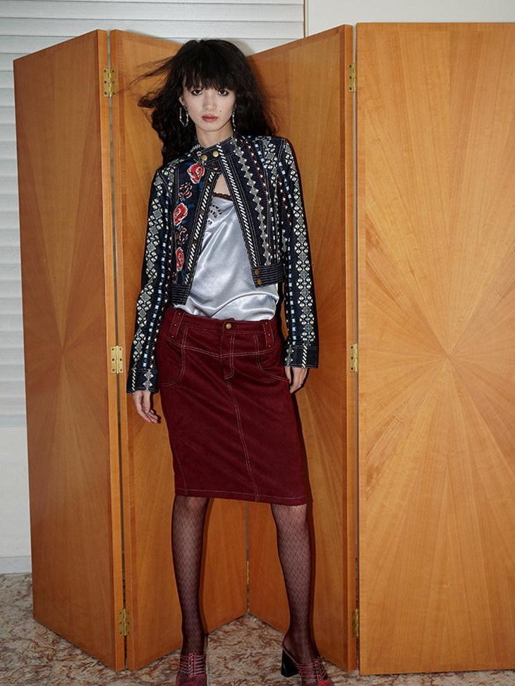Wine Red Leopard Retro Split Short Slim Women's Suede Pencil Skirts