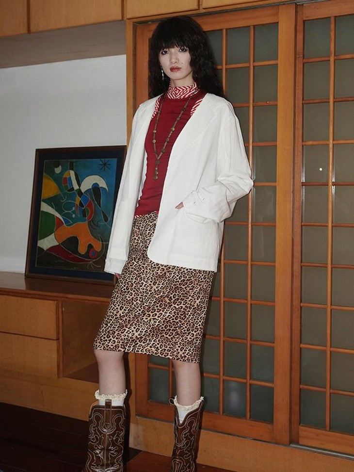 Wine Red Leopard Retro Split Short Slim Women's Suede Pencil Skirts