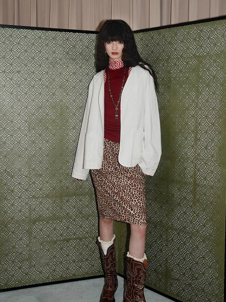Wine Red Leopard Retro Split Short Slim Women's Suede Pencil Skirts