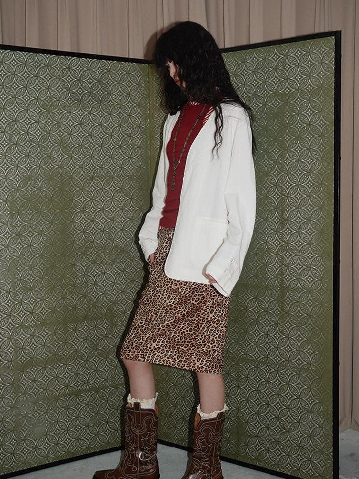 Wine Red Leopard Retro Split Short Slim Women's Suede Pencil Skirts