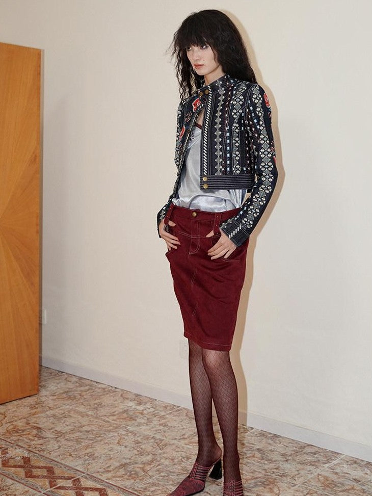 Wine Red Leopard Retro Split Short Slim Women's Suede Pencil Skirts