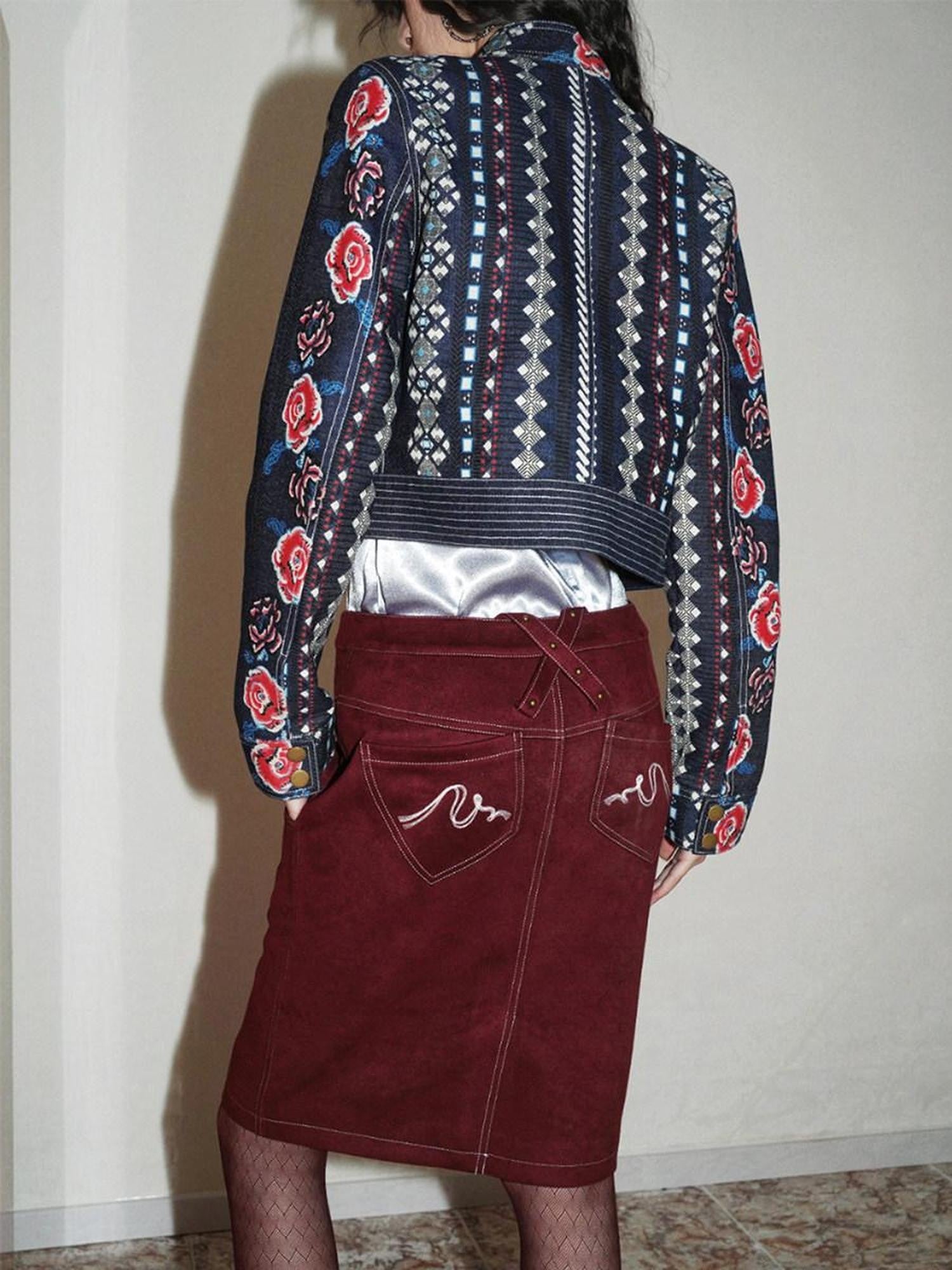 Wine Red Leopard Retro Split Short Slim Women's Suede Pencil Skirts