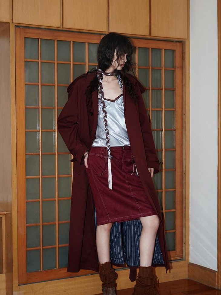 Wine Red Leopard Retro Split Short Slim Women's Suede Pencil Skirts