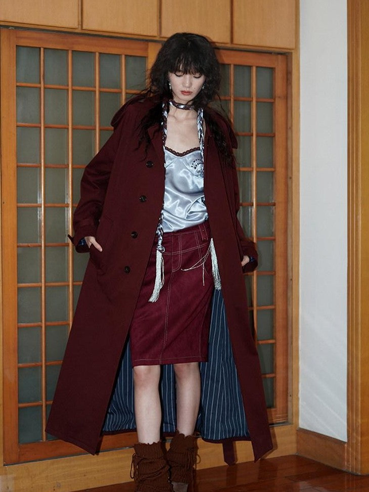 Wine Red Leopard Retro Split Short Slim Women's Suede Pencil Skirts