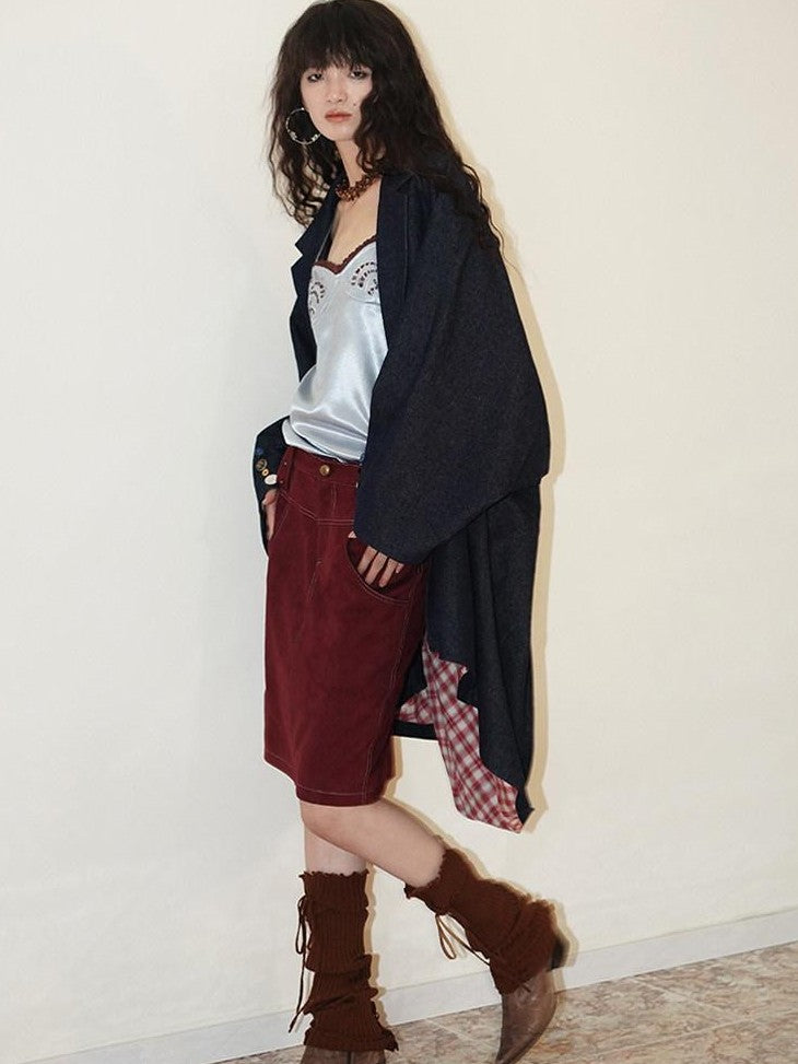 Wine Red Leopard Retro Split Short Slim Women's Suede Pencil Skirts