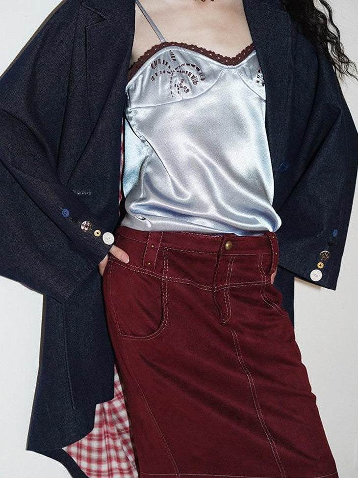 Wine Red Leopard Retro Split Short Slim Women's Suede Pencil Skirts