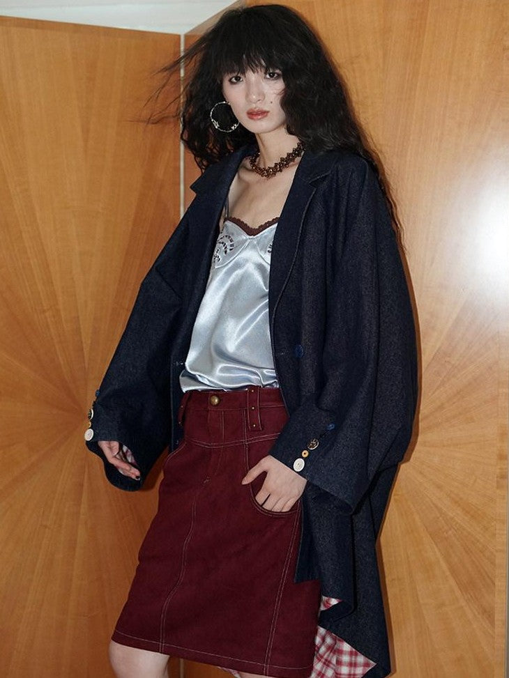 Wine Red Leopard Retro Split Short Slim Women's Suede Pencil Skirts