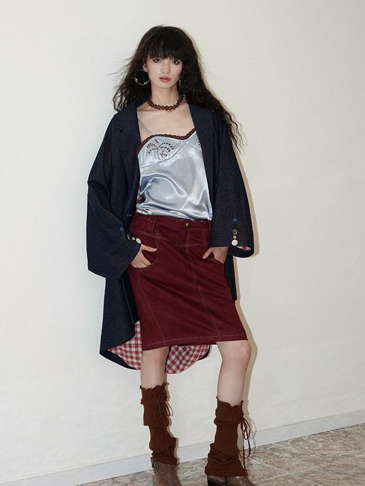 Wine Red Leopard Retro Split Short Slim Women's Suede Pencil Skirts