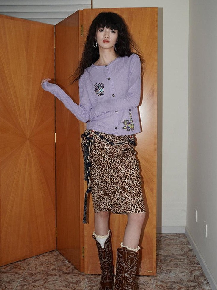 Wine Red Leopard Retro Split Short Slim Women's Suede Pencil Skirts
