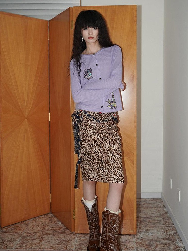 Wine Red Leopard Retro Split Short Slim Women's Suede Pencil Skirts