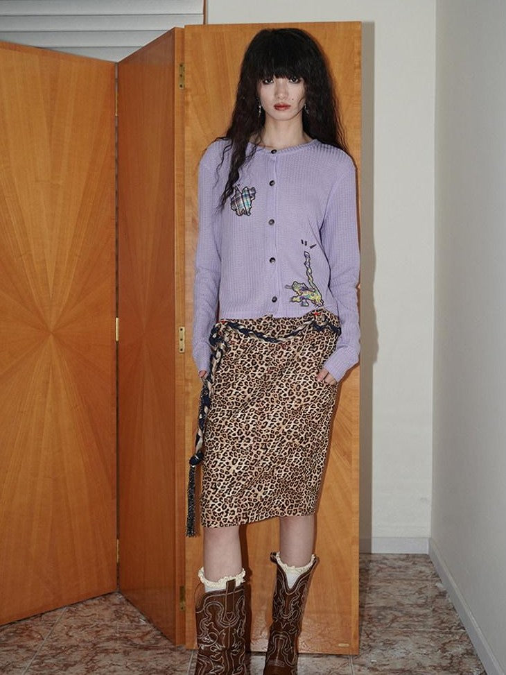 Wine Red Leopard Retro Split Short Slim Women's Suede Pencil Skirts