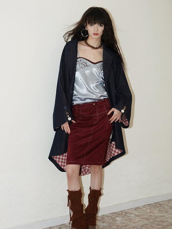 Wine Red Leopard Retro Split Short Slim Women's Suede Pencil Skirts