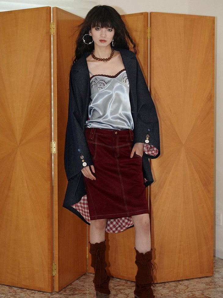 Wine Red Leopard Retro Split Short Slim Women's Suede Pencil Skirts