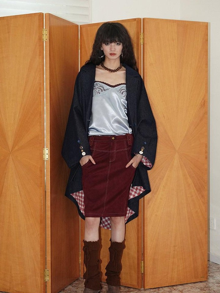 Wine Red Leopard Retro Split Short Slim Women's Suede Pencil Skirts
