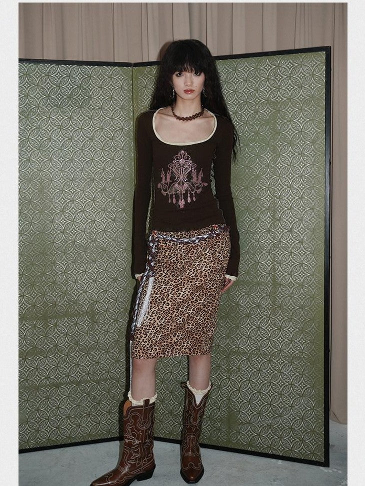 Wine Red Leopard Retro Split Short Slim Women's Suede Pencil Skirts
