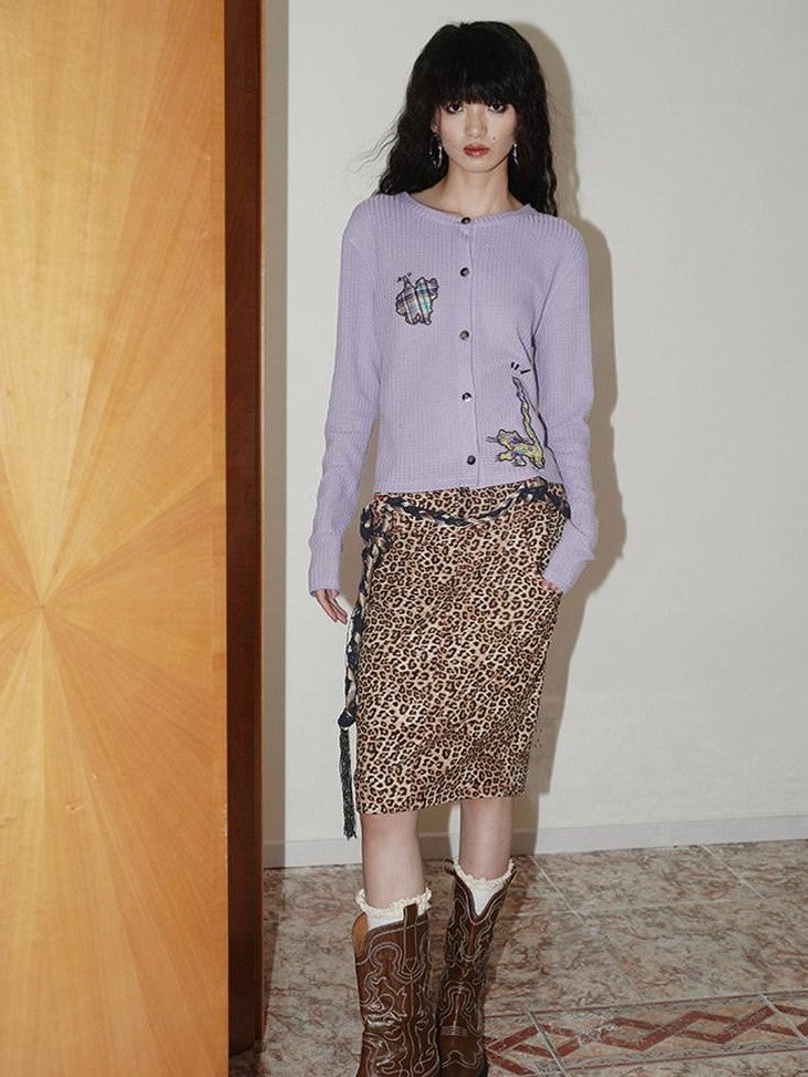 Wine Red Leopard Retro Split Short Slim Women's Suede Pencil Skirts
