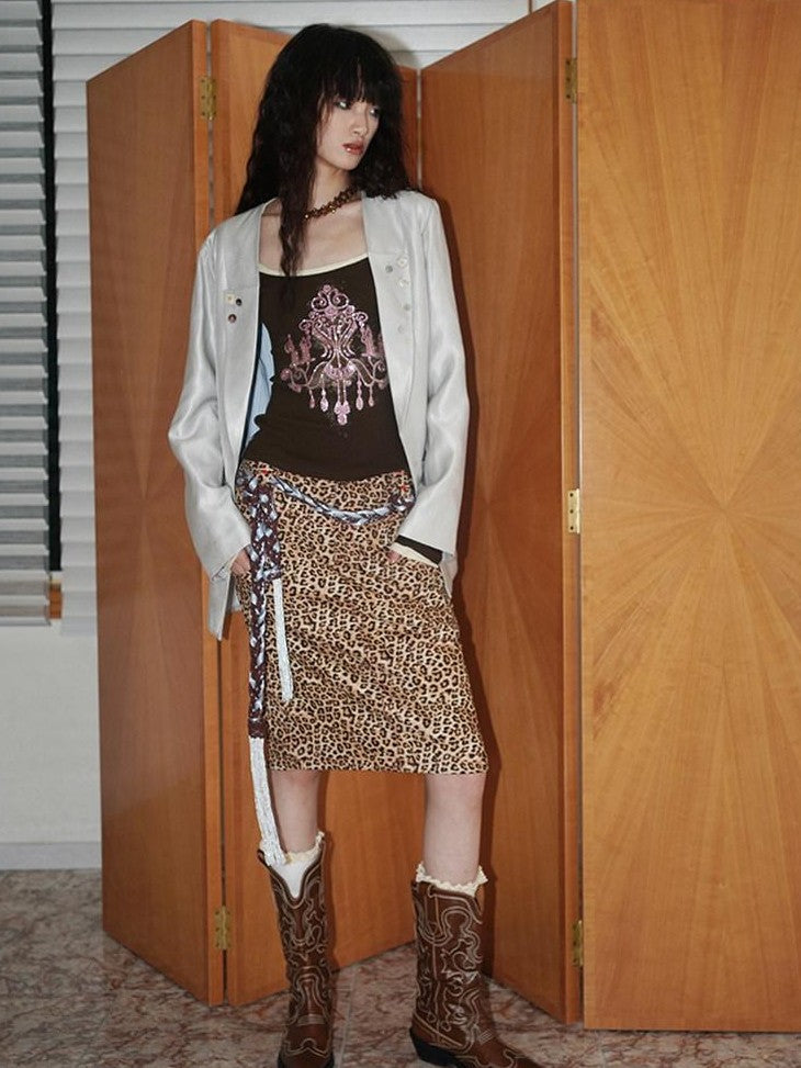 Wine Red Leopard Retro Split Short Slim Women's Suede Pencil Skirts