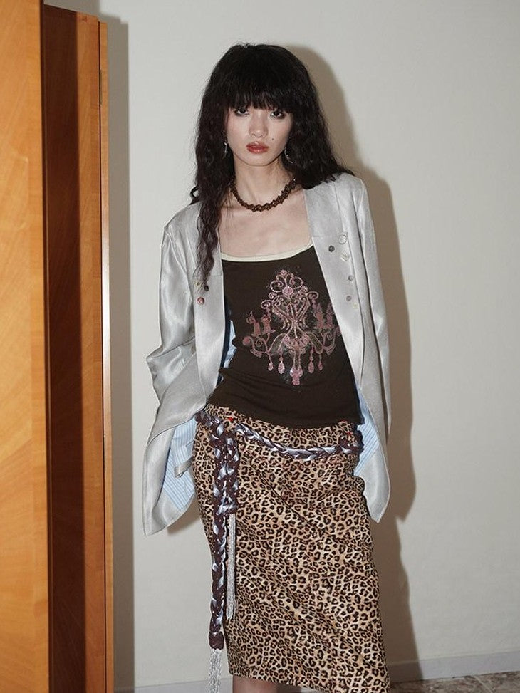 Wine Red Leopard Retro Split Short Slim Women's Suede Pencil Skirts