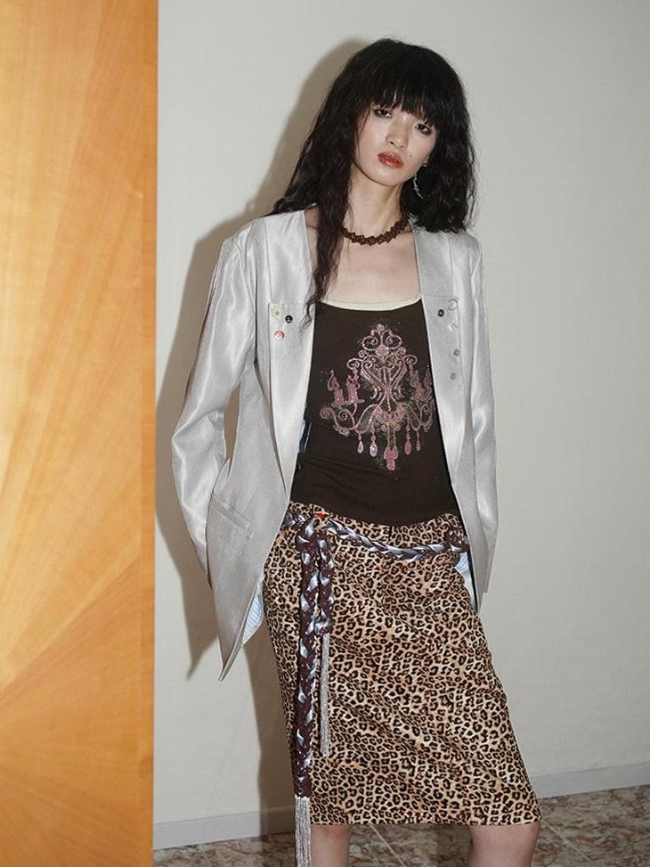 Wine Red Leopard Retro Split Short Slim Women's Suede Pencil Skirts
