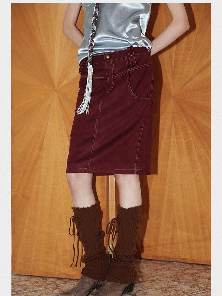 Wine Red Leopard Retro Split Short Slim Women's Suede Pencil Skirts