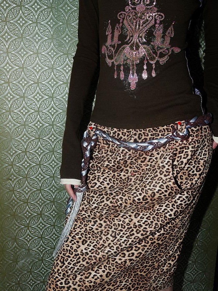 Wine Red Leopard Retro Split Short Slim Women's Suede Pencil Skirts