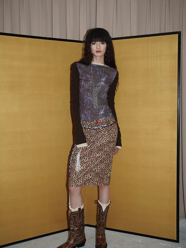 Wine Red Leopard Retro Split Short Slim Women's Suede Pencil Skirts