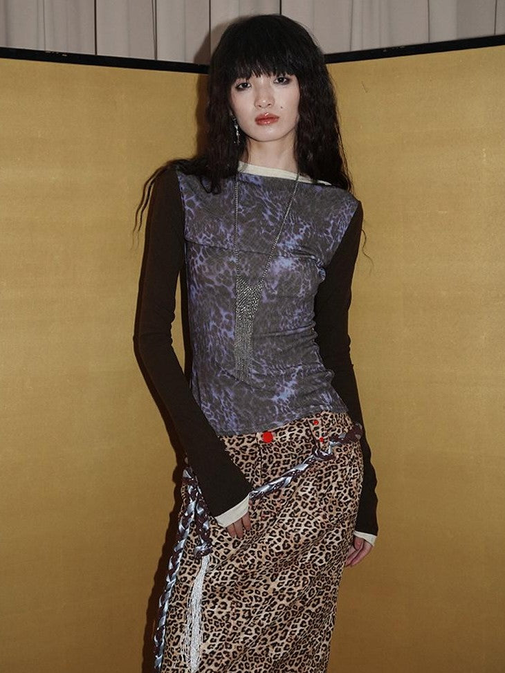 Wine Red Leopard Retro Split Short Slim Women's Suede Pencil Skirts