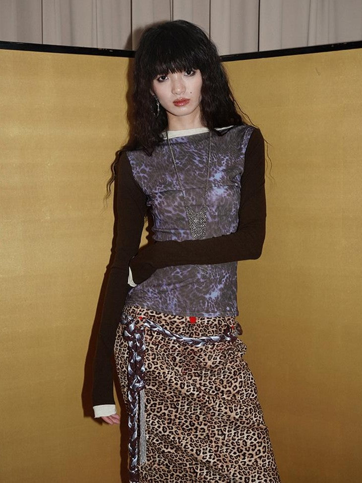 Wine Red Leopard Retro Split Short Slim Women's Suede Pencil Skirts