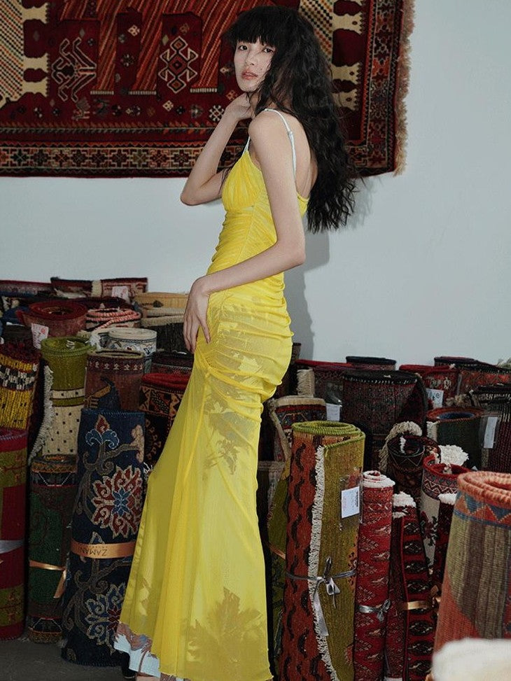 badtaste Yellow Printed Mesh Ruched Mermaid Women's Mesh Bodycon Maxi Dresses