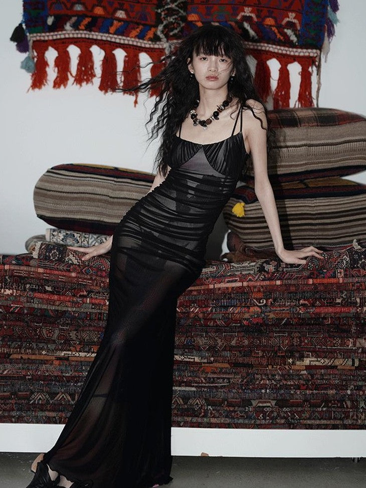 badtaste Yellow Printed Mesh Ruched Mermaid Women's Mesh Bodycon Maxi Dresses