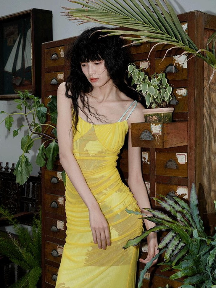 badtaste Yellow Printed Mesh Ruched Mermaid Women's Mesh Bodycon Maxi Dresses