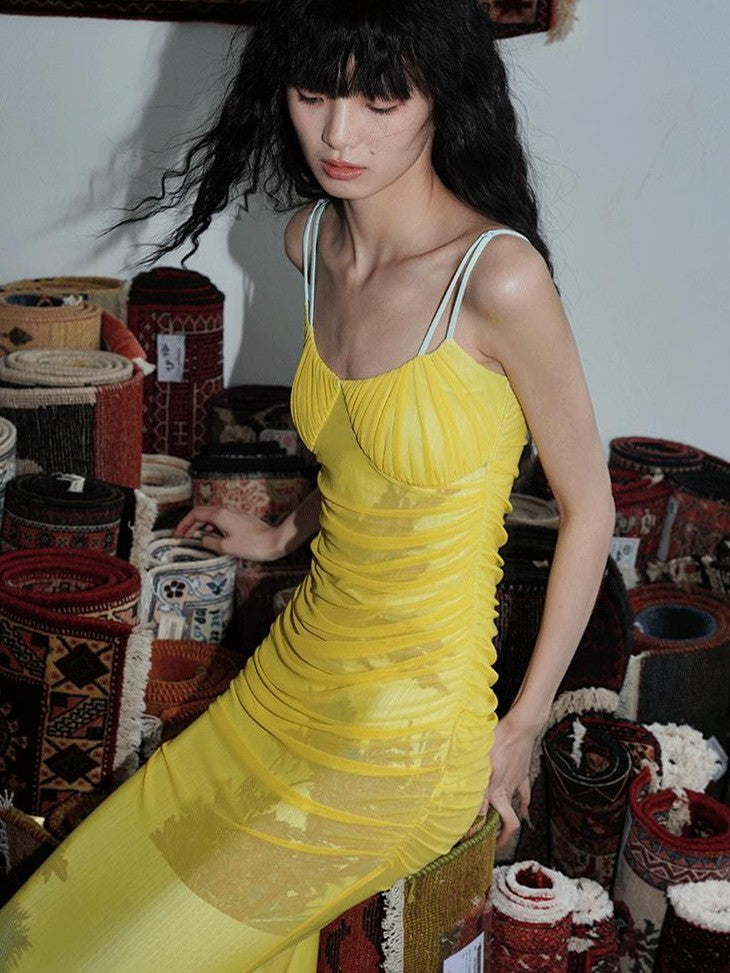 badtaste Yellow Printed Mesh Ruched Mermaid Women's Mesh Bodycon Maxi Dresses
