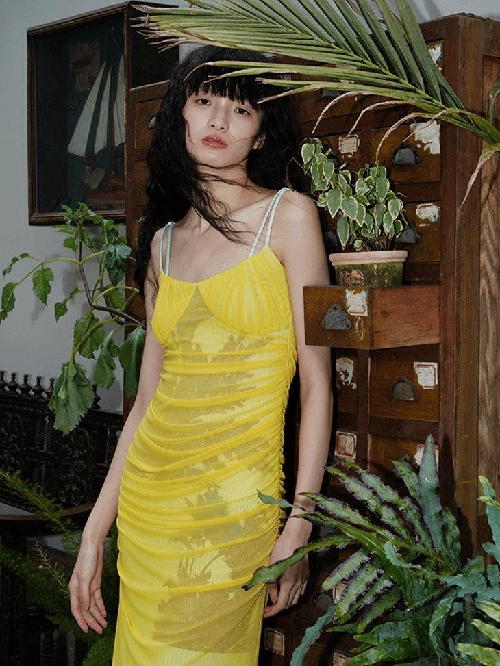 badtaste Yellow Printed Mesh Ruched Mermaid Women's Mesh Bodycon Maxi Dresses