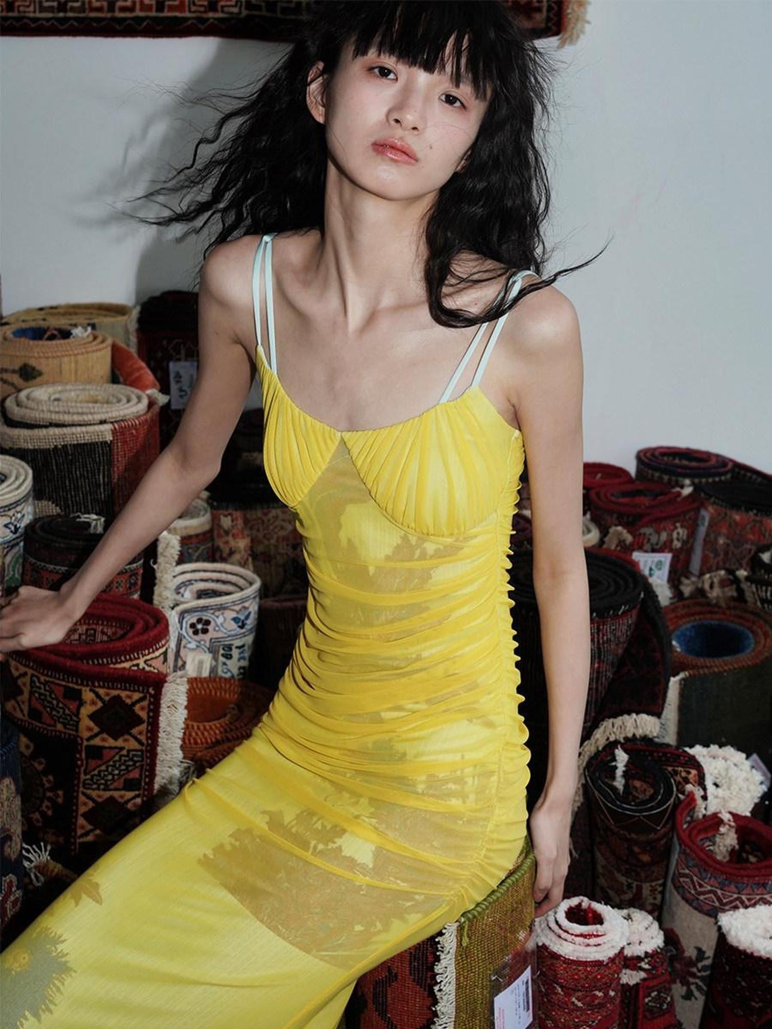 badtaste Yellow Printed Mesh Ruched Mermaid Women's Mesh Bodycon Maxi Dresses
