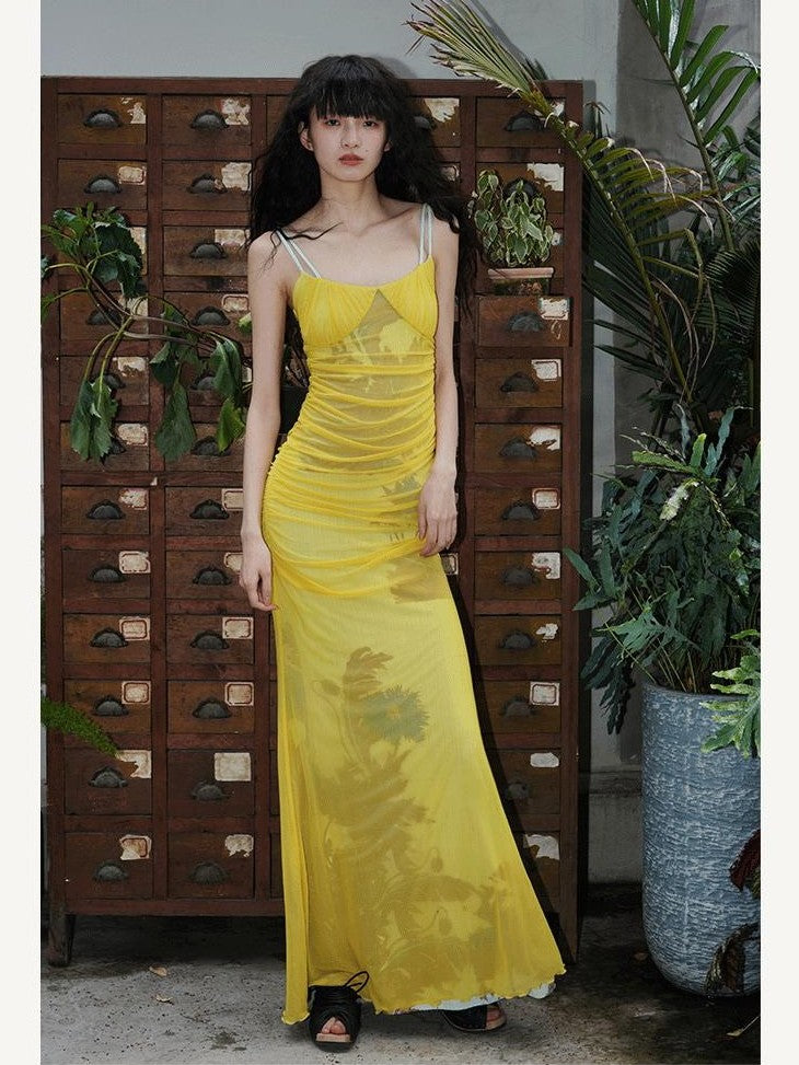 badtaste Yellow Printed Mesh Ruched Mermaid Women's Mesh Bodycon Maxi Dresses