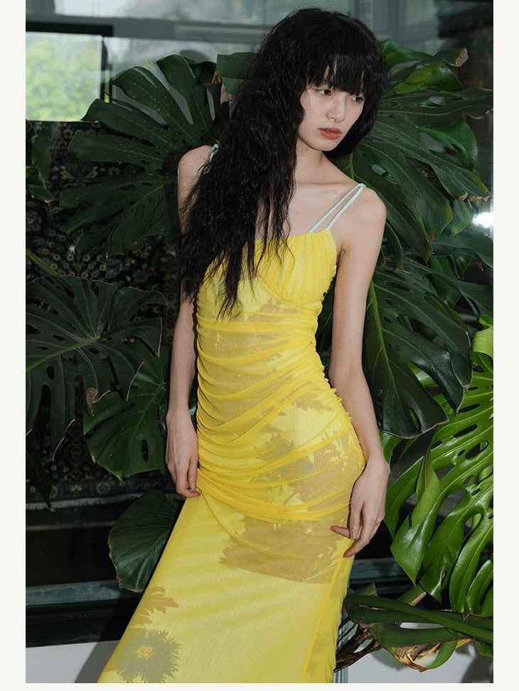 badtaste Yellow Printed Mesh Ruched Mermaid Women's Mesh Bodycon Maxi Dresses