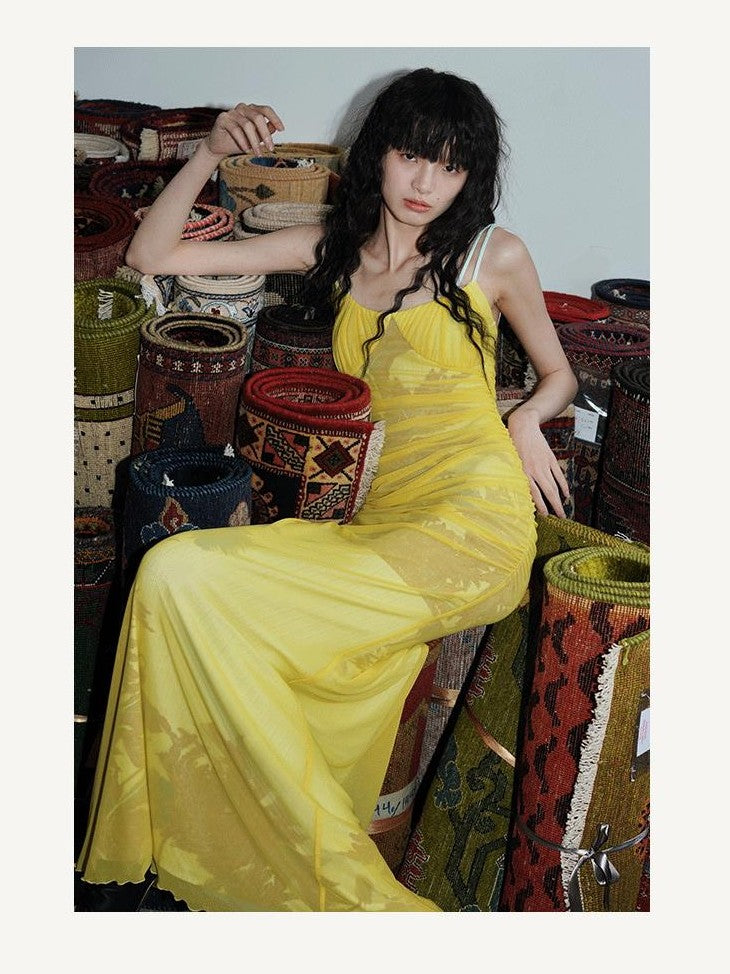 badtaste Yellow Printed Mesh Ruched Mermaid Women's Mesh Bodycon Maxi Dresses
