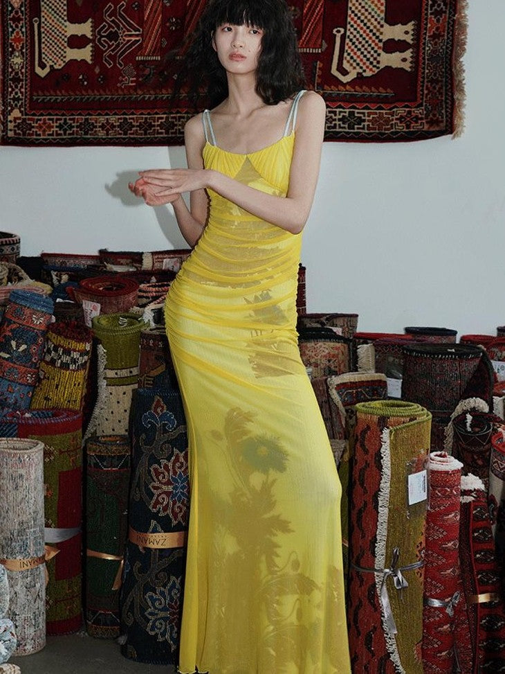badtaste Yellow Printed Mesh Ruched Mermaid Women's Mesh Bodycon Maxi Dresses