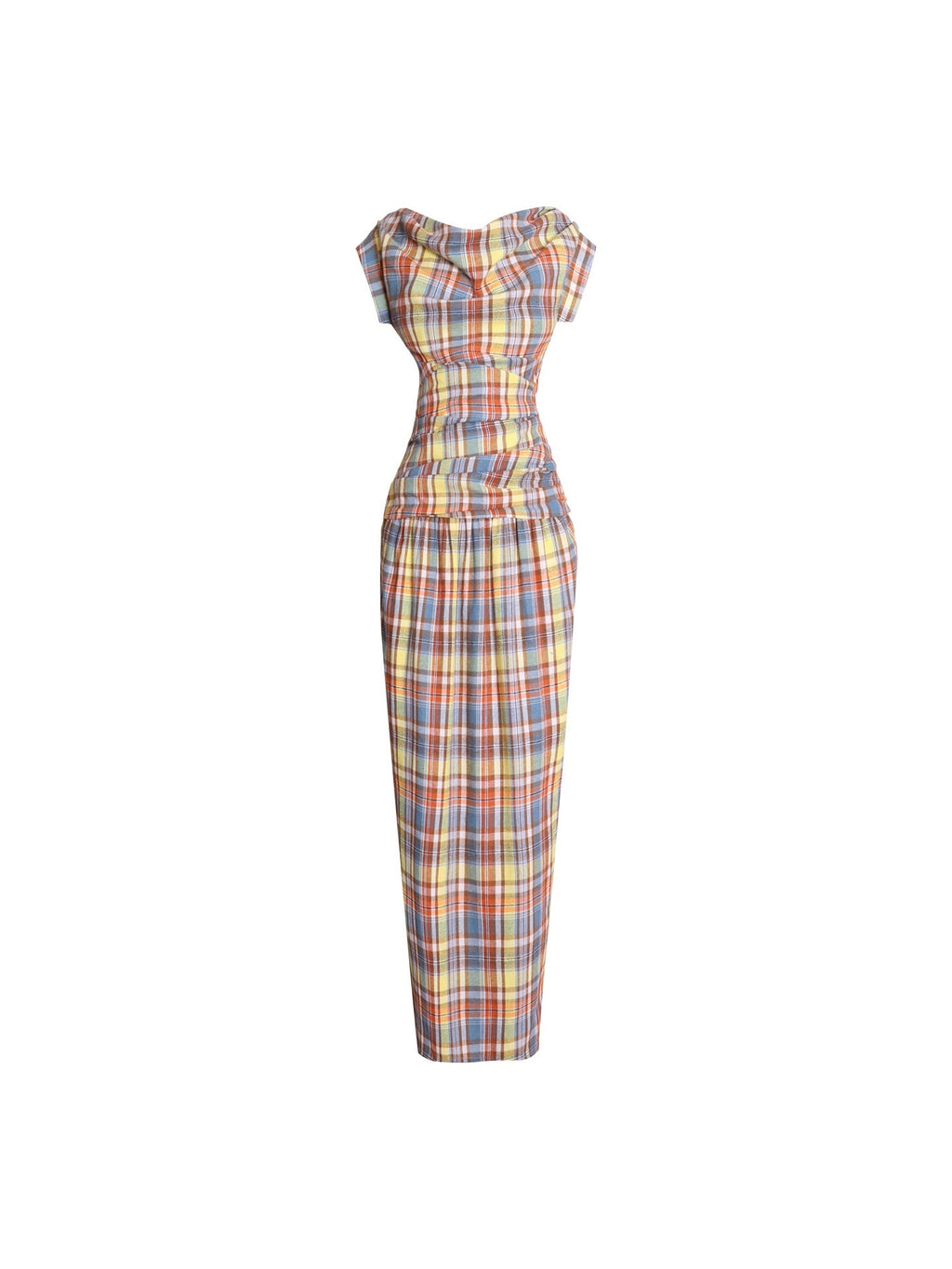 badtaste_Yellow_Vintage_Plaid_Drape_Collar_Pleated_Structured_Women's_Casual_Maxi_Dresses_990539125966_MISSTT