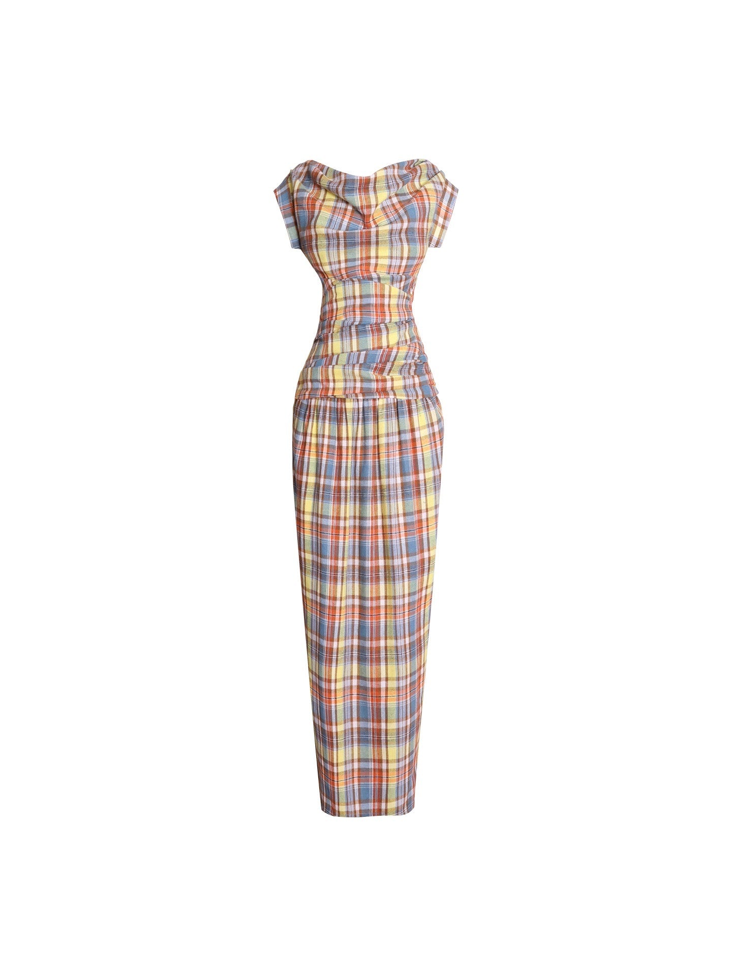 badtaste_Yellow_Vintage_Plaid_Drape_Collar_Pleated_Structured_Women's_Casual_Maxi_Dresses_990539125966_MISSTT