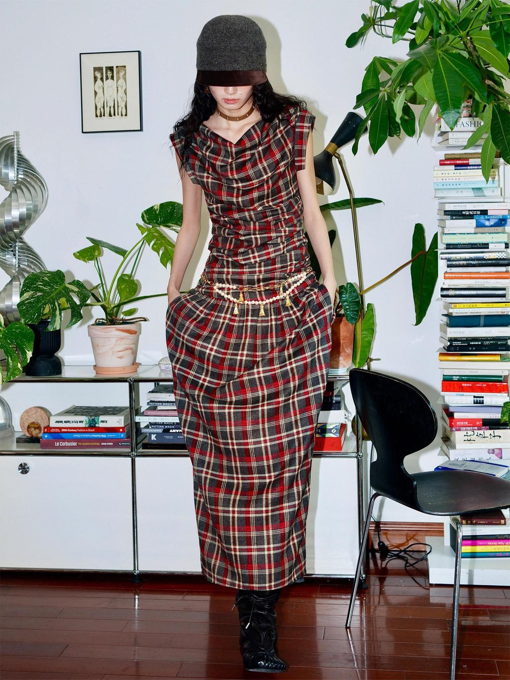 badtaste Yellow Vintage Plaid Drape Collar Pleated Structured Women's Casual Maxi Dresses